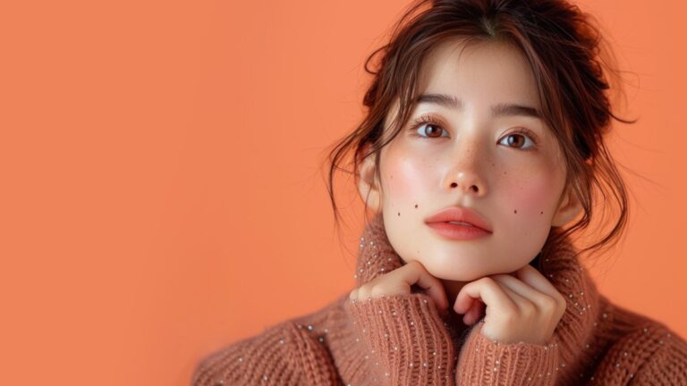 鏡を見る女性 メイク